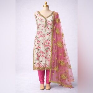 Floral Embroidered Pink Pajami Suit Set